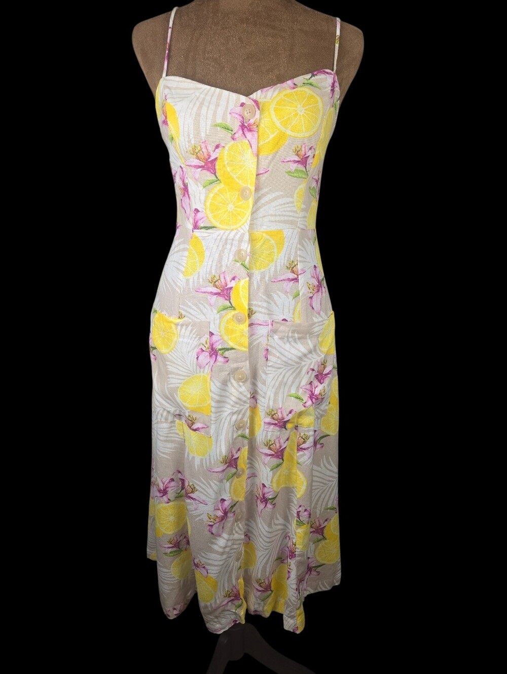 Forever 21 Linen Blend Midi Dress, Small, Lemon Summer Cottage Preppy Nwt